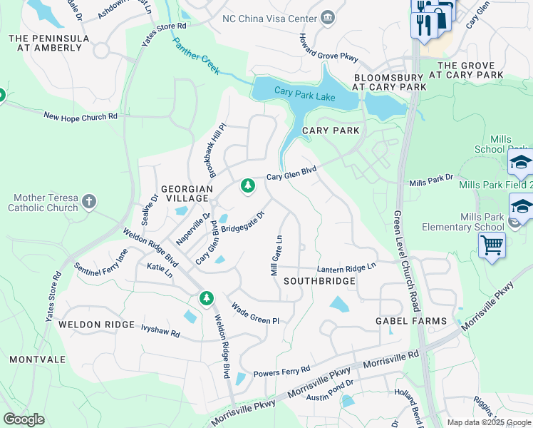 map of restaurants, bars, coffee shops, grocery stores, and more near 338 Bridgegate Drive in Cary