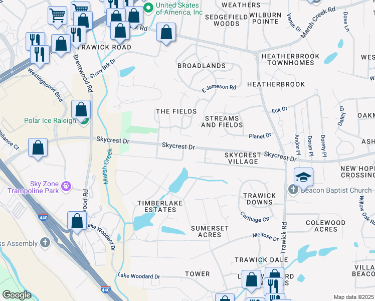 map of restaurants, bars, coffee shops, grocery stores, and more near 3216 Skycrest Drive in Raleigh