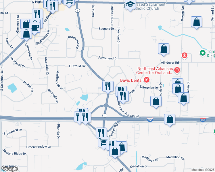 map of restaurants, bars, coffee shops, grocery stores, and more near 2835 Highway 1 Business in Jonesboro