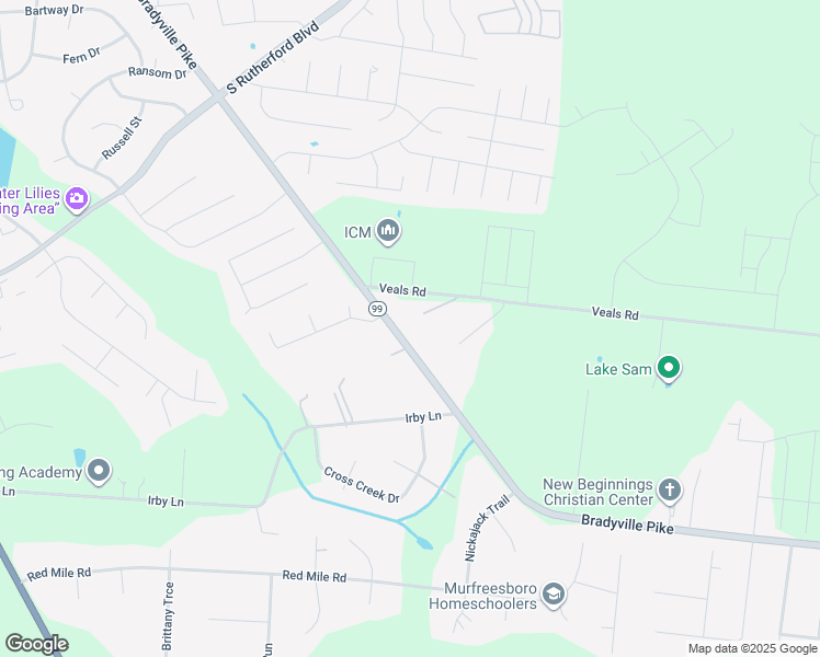 map of restaurants, bars, coffee shops, grocery stores, and more near 2717 Bradyville Pike in Murfreesboro