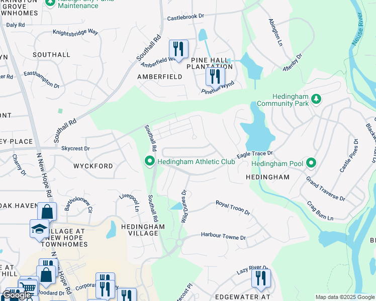 map of restaurants, bars, coffee shops, grocery stores, and more near 4816 Forest Highland Drive in Raleigh