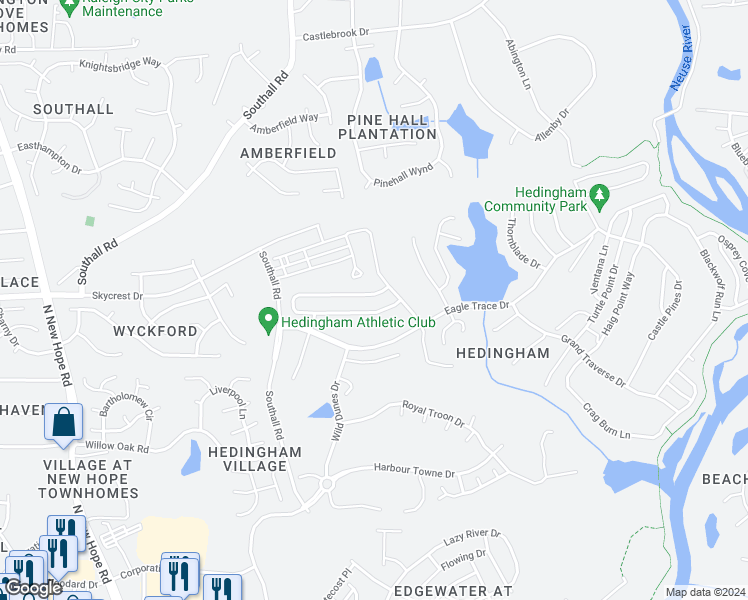 map of restaurants, bars, coffee shops, grocery stores, and more near 4840 Forest Highland Drive in Raleigh