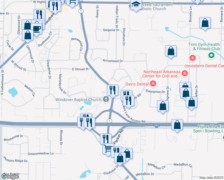 map of restaurants, bars, coffee shops, grocery stores, and more near 2835 Highway 1 Business in Jonesboro