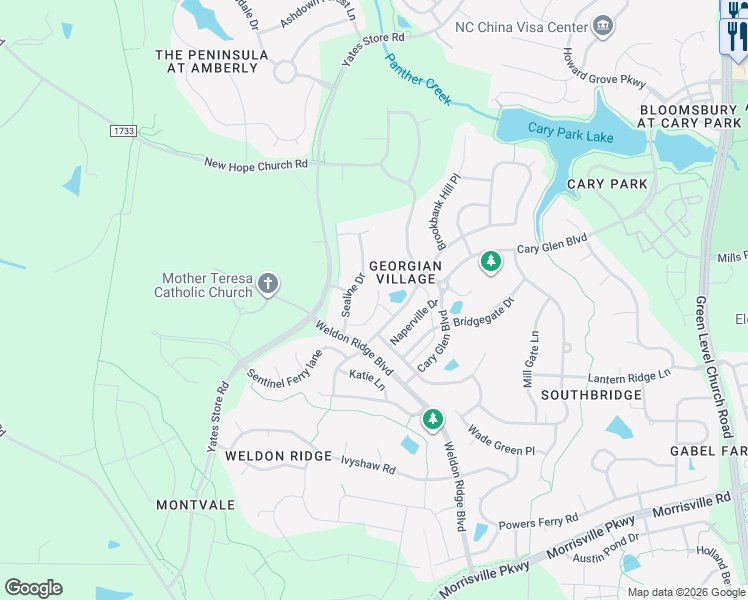 map of restaurants, bars, coffee shops, grocery stores, and more near 727 Transom View Way in Cary