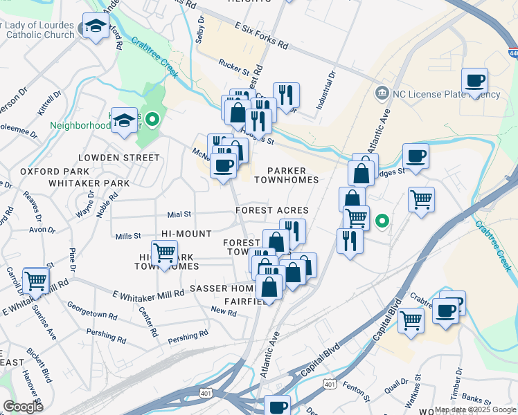 map of restaurants, bars, coffee shops, grocery stores, and more near 820 Young Street in Raleigh