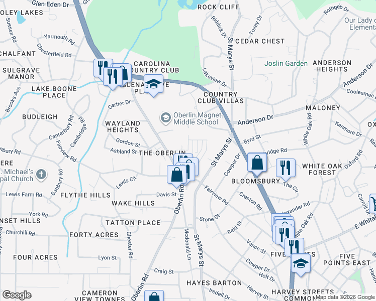 map of restaurants, bars, coffee shops, grocery stores, and more near 2515 Country Club Court in Raleigh