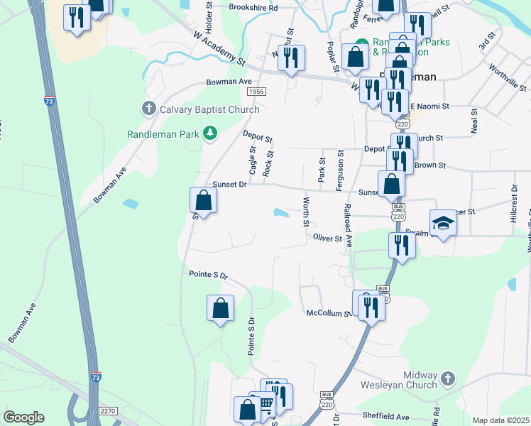map of restaurants, bars, coffee shops, grocery stores, and more near 502 Booker T Womble Road in Randleman