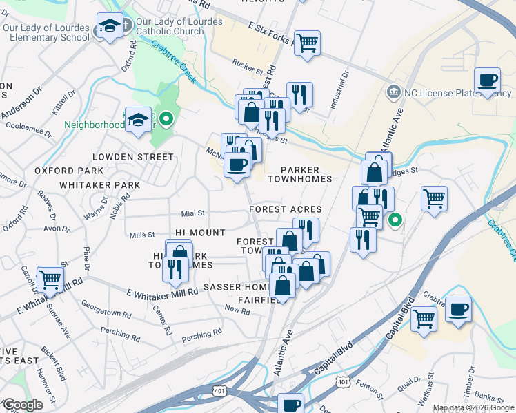 map of restaurants, bars, coffee shops, grocery stores, and more near 2108 Wake Forest Road in Raleigh