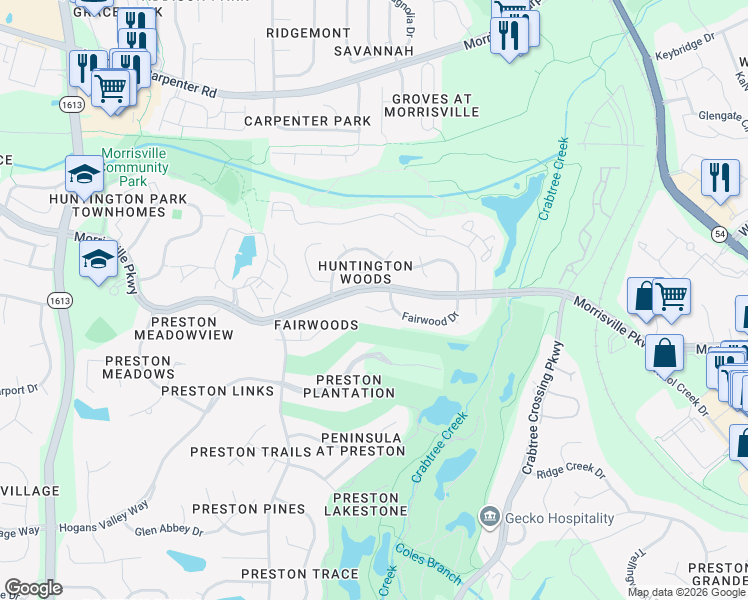 map of restaurants, bars, coffee shops, grocery stores, and more near 104 Fairwood Drive in Morrisville