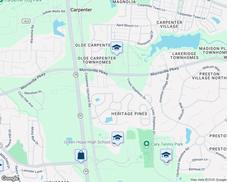 map of restaurants, bars, coffee shops, grocery stores, and more near 102 Sawgrass Hill Court in Cary