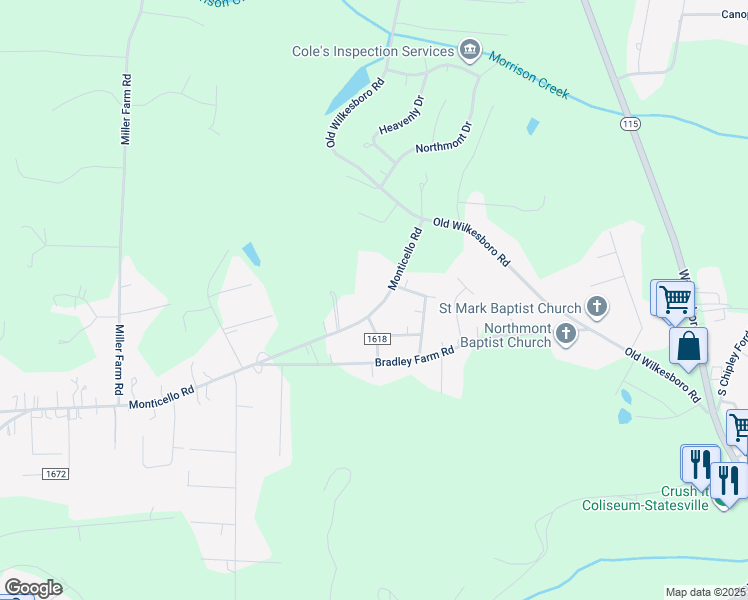 map of restaurants, bars, coffee shops, grocery stores, and more near 158 Monticello Road in Statesville