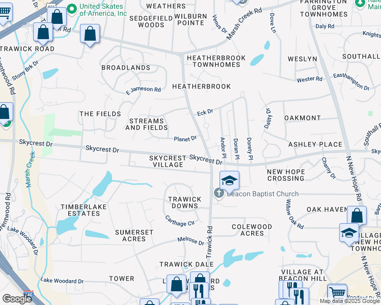 map of restaurants, bars, coffee shops, grocery stores, and more near 3509 Skycrest Drive in Raleigh
