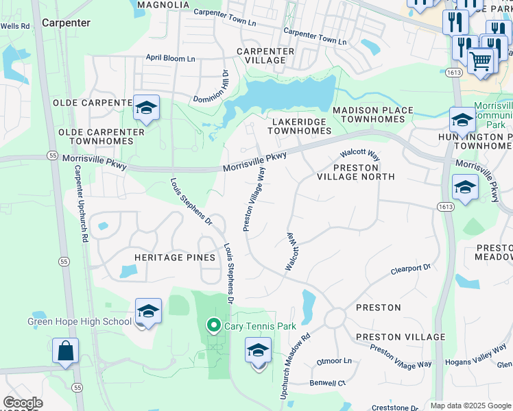 map of restaurants, bars, coffee shops, grocery stores, and more near 612 Preston Village Way in Cary