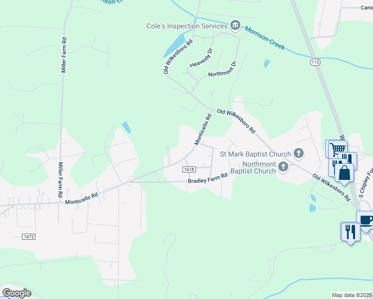 map of restaurants, bars, coffee shops, grocery stores, and more near 158 Monticello Road in Statesville