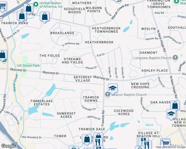 map of restaurants, bars, coffee shops, grocery stores, and more near 3509 Skycrest Drive in Raleigh