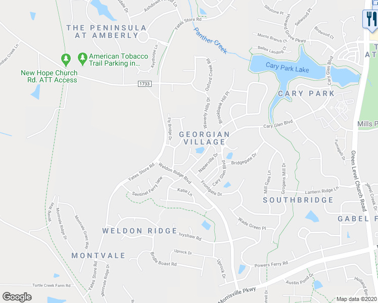 map of restaurants, bars, coffee shops, grocery stores, and more near 801 Transom View Way in Cary