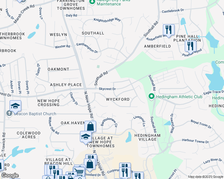 map of restaurants, bars, coffee shops, grocery stores, and more near 2229 Woodwyck Way in Raleigh