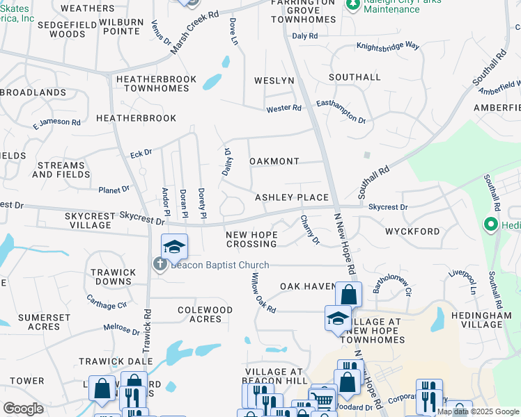 map of restaurants, bars, coffee shops, grocery stores, and more near 2305 Diquedo Drive in Raleigh