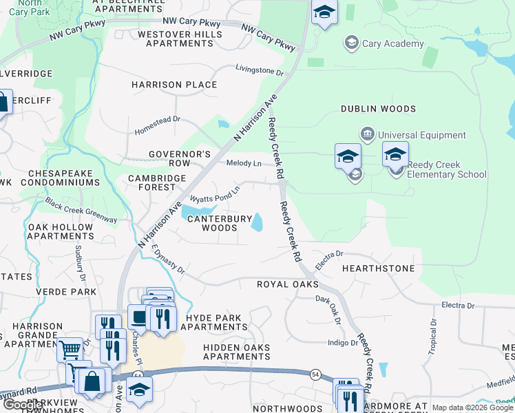 map of restaurants, bars, coffee shops, grocery stores, and more near 917 Reedy Creek Road in Cary