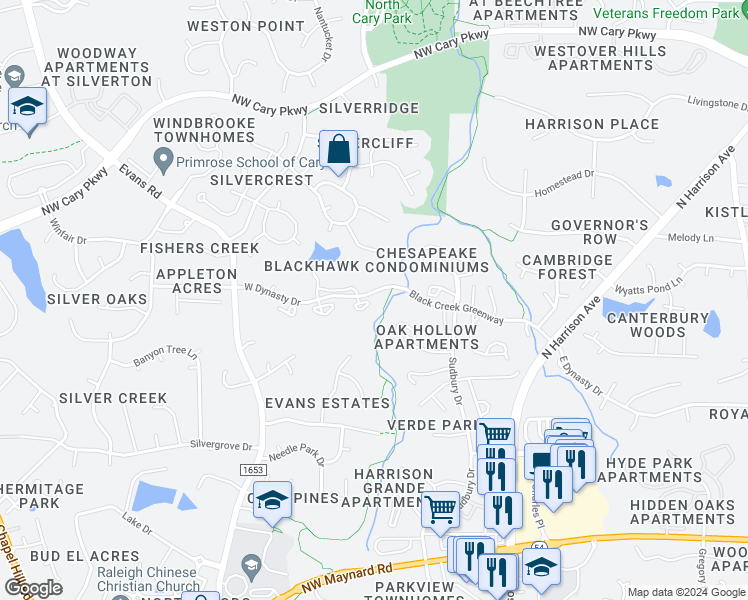 map of restaurants, bars, coffee shops, grocery stores, and more near 101 Marbury Court in Cary