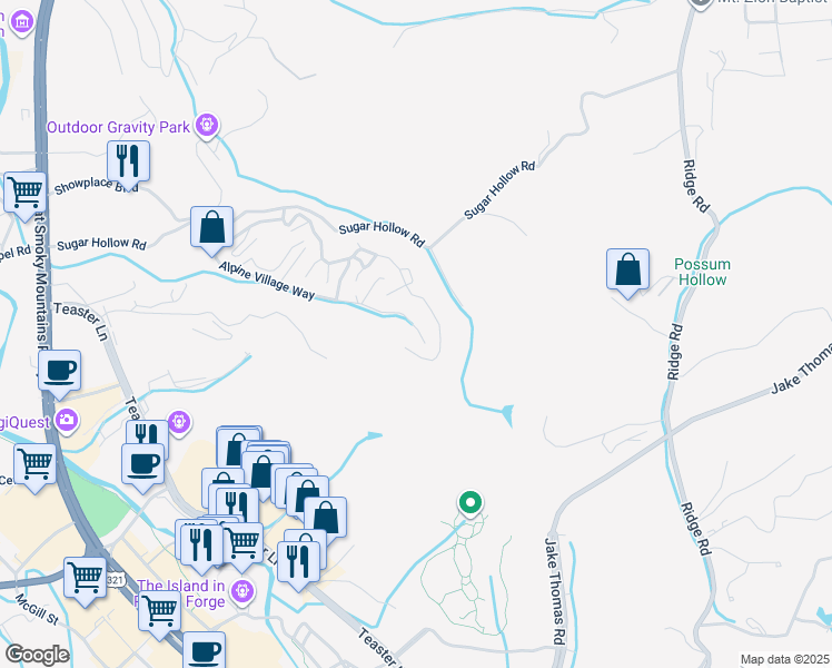 map of restaurants, bars, coffee shops, grocery stores, and more near 2394 Alpine Village Way in Pigeon Forge