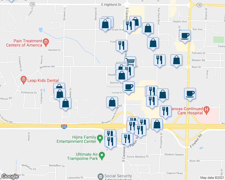 map of restaurants, bars, coffee shops, grocery stores, and more near 2210 Conrad Drive in Jonesboro