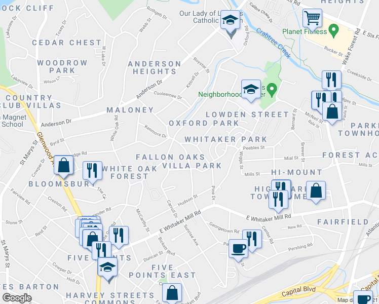 map of restaurants, bars, coffee shops, grocery stores, and more near 2114 Reaves Drive in Raleigh
