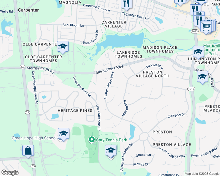 map of restaurants, bars, coffee shops, grocery stores, and more near 612 Preston Village Way in Cary