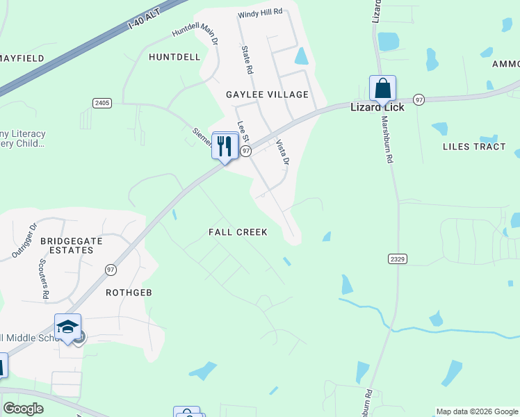 map of restaurants, bars, coffee shops, grocery stores, and more near 1404 Vista Drive in Wendell