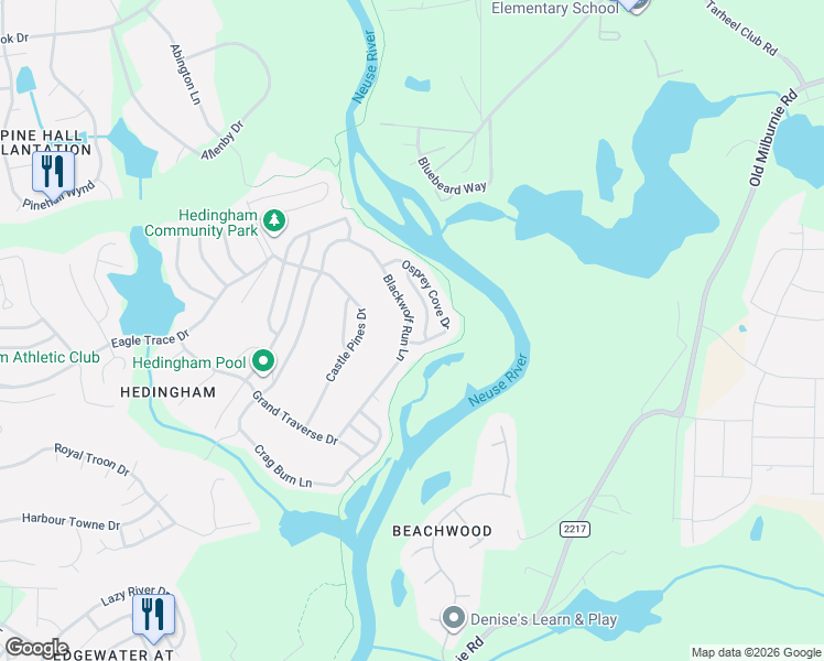 map of restaurants, bars, coffee shops, grocery stores, and more near 2203 Blackwolf Run Lane in Raleigh