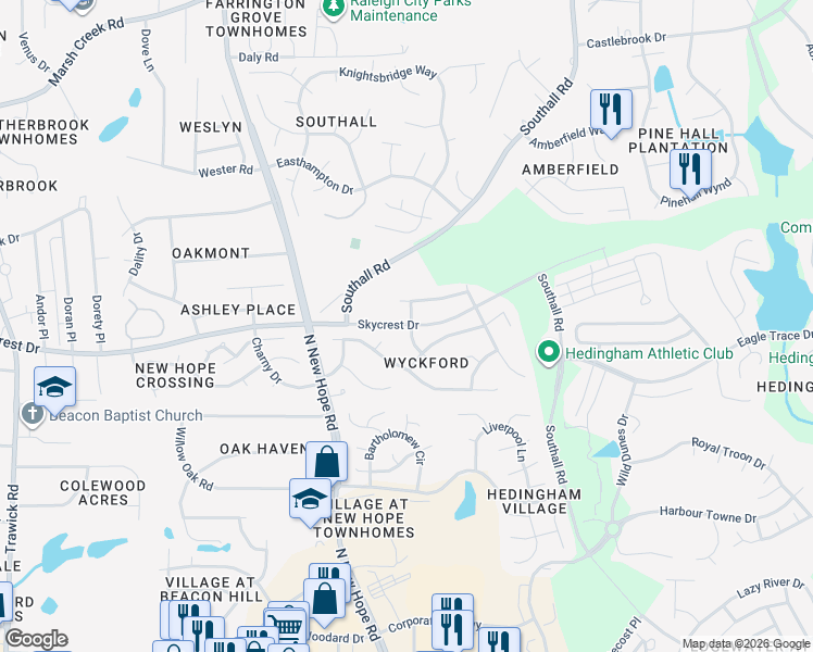 map of restaurants, bars, coffee shops, grocery stores, and more near 2229 Woodwyck Way in Raleigh