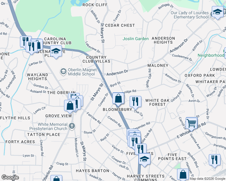 map of restaurants, bars, coffee shops, grocery stores, and more near 2102 Glenwood Avenue in Raleigh