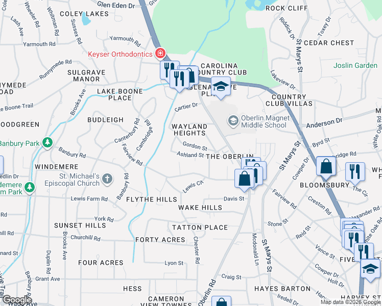 map of restaurants, bars, coffee shops, grocery stores, and more near 2709 Ashland Street in Raleigh