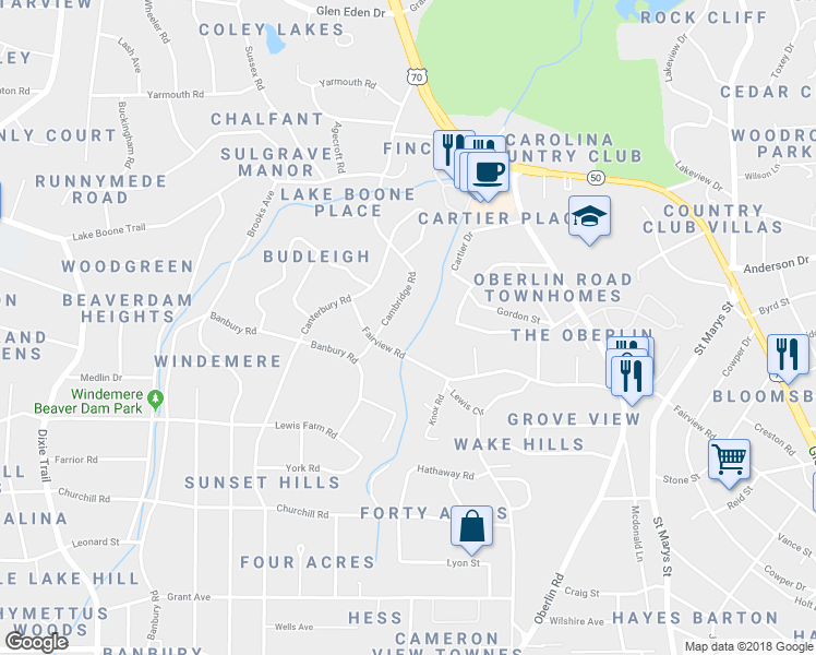 map of restaurants, bars, coffee shops, grocery stores, and more near 2910 Fairview Road in Raleigh