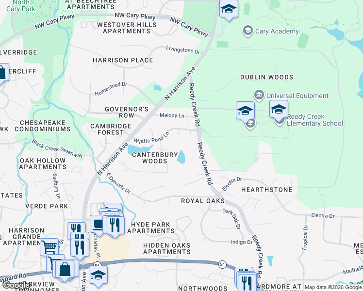 map of restaurants, bars, coffee shops, grocery stores, and more near 917 Reedy Creek Road in Cary