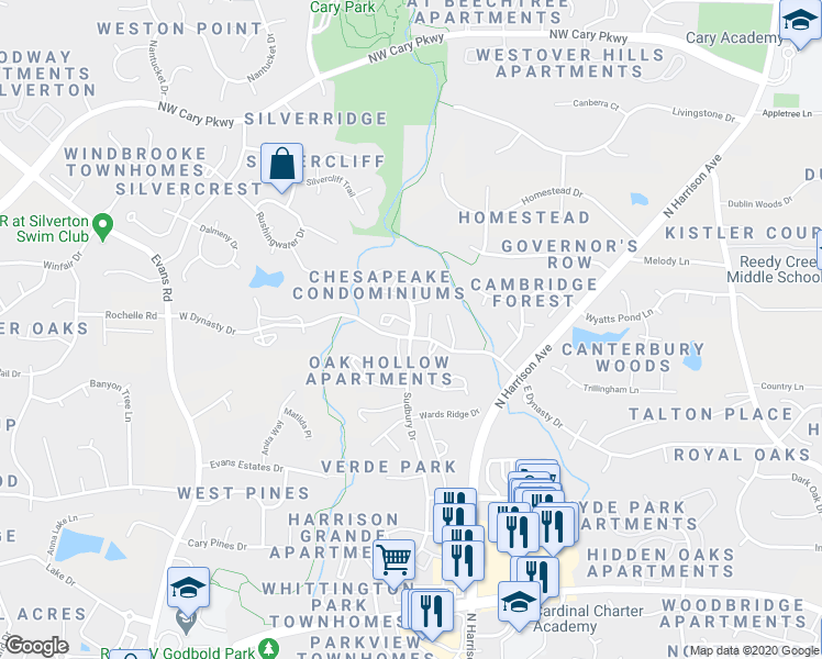 map of restaurants, bars, coffee shops, grocery stores, and more near 100 White Bluff Lane in Cary
