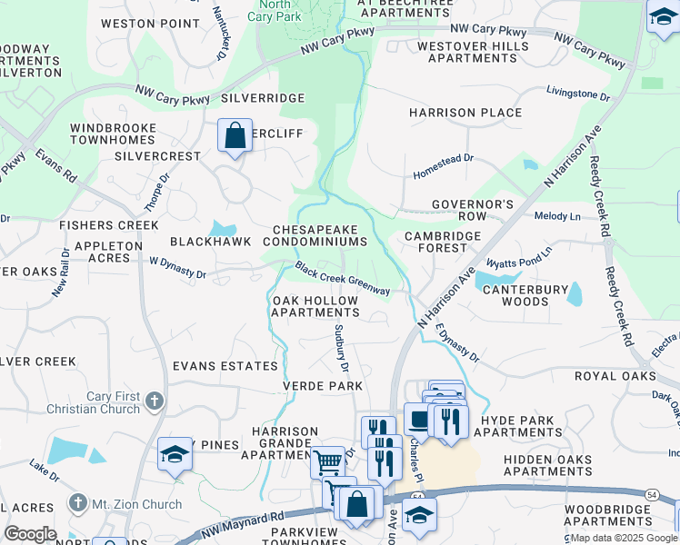 map of restaurants, bars, coffee shops, grocery stores, and more near 100 White Bluff Lane in Cary