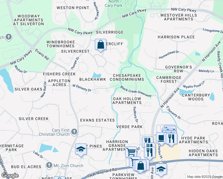map of restaurants, bars, coffee shops, grocery stores, and more near 101 Marbury Court in Cary
