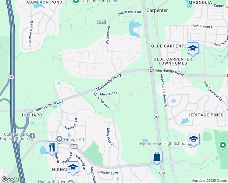 map of restaurants, bars, coffee shops, grocery stores, and more near 3621 Manifest Place in Cary