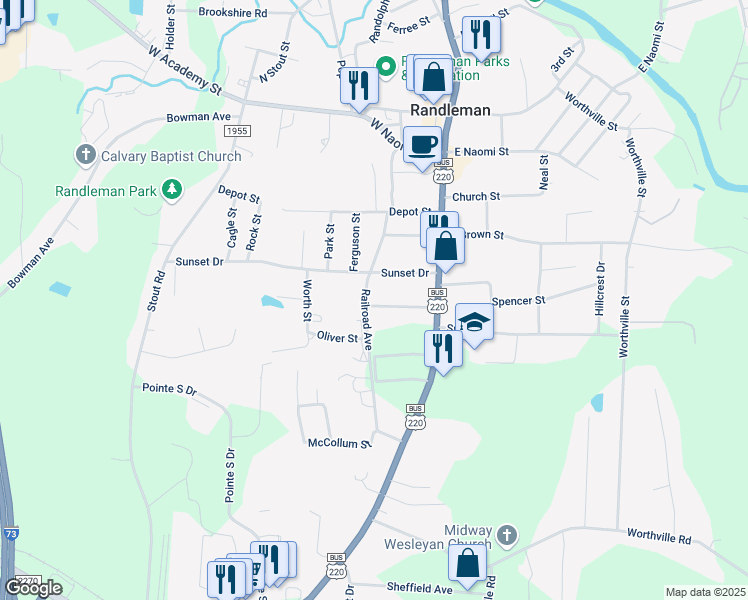 map of restaurants, bars, coffee shops, grocery stores, and more near 123S South Coble Street in Randleman
