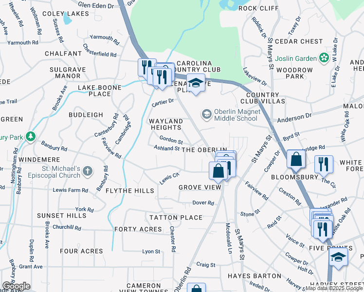 map of restaurants, bars, coffee shops, grocery stores, and more near 2706 Ashland Street in Raleigh