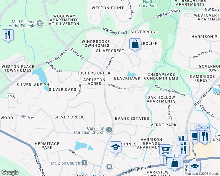 map of restaurants, bars, coffee shops, grocery stores, and more near 905 West Dynasty Drive in Cary