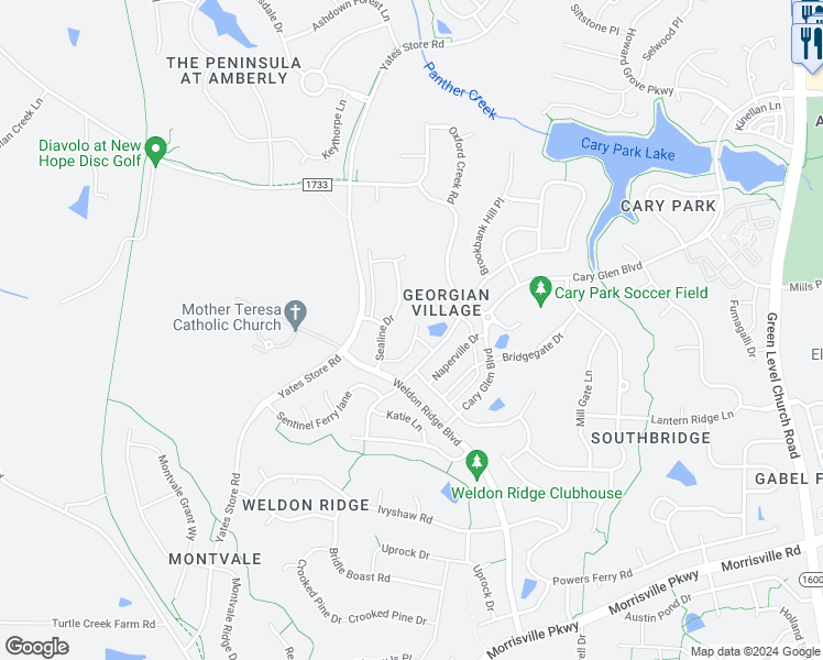 map of restaurants, bars, coffee shops, grocery stores, and more near 805 Transom View Way in Cary