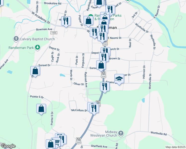 map of restaurants, bars, coffee shops, grocery stores, and more near 123S South Coble Street in Randleman