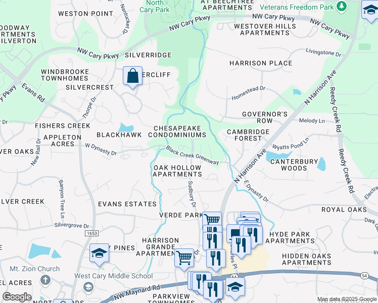 map of restaurants, bars, coffee shops, grocery stores, and more near 505 Gooseneck Drive in Cary