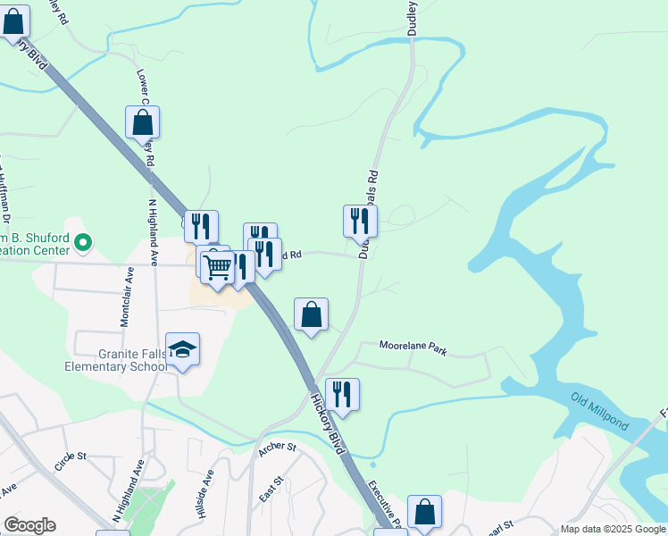 map of restaurants, bars, coffee shops, grocery stores, and more near 9 Pinewood Road in Granite Falls