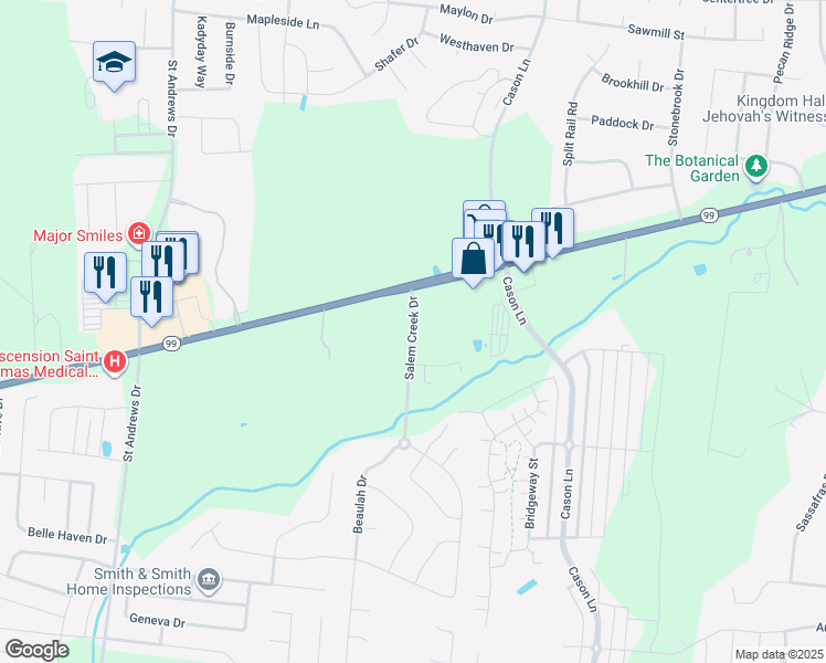 map of restaurants, bars, coffee shops, grocery stores, and more near 2541 Salem Creek Drive in Murfreesboro