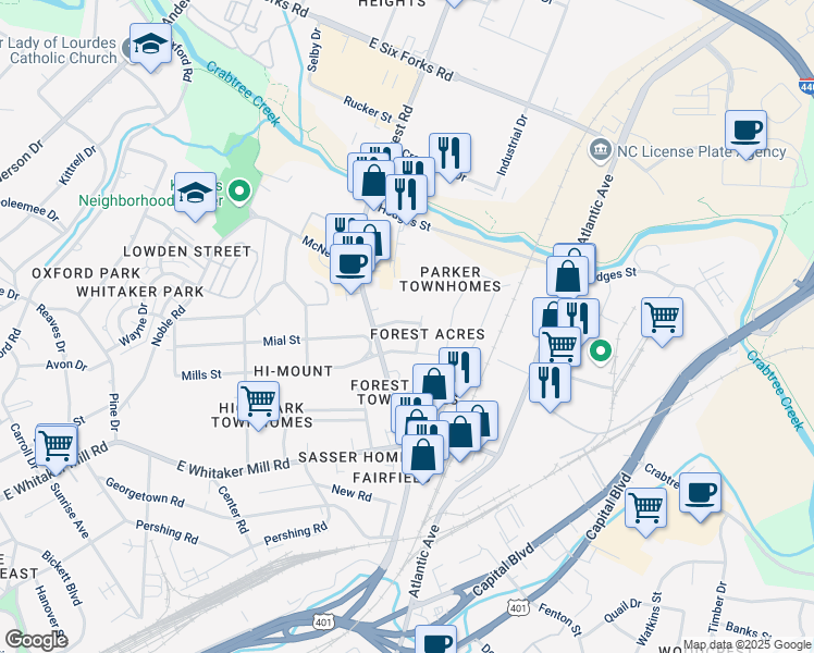 map of restaurants, bars, coffee shops, grocery stores, and more near 820 Young Street in Raleigh