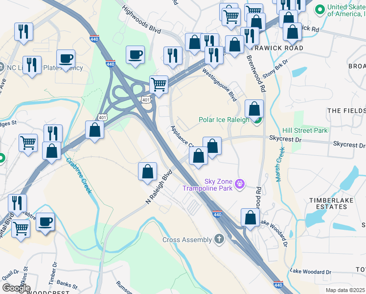 map of restaurants, bars, coffee shops, grocery stores, and more near 2601 Appliance Court in Raleigh