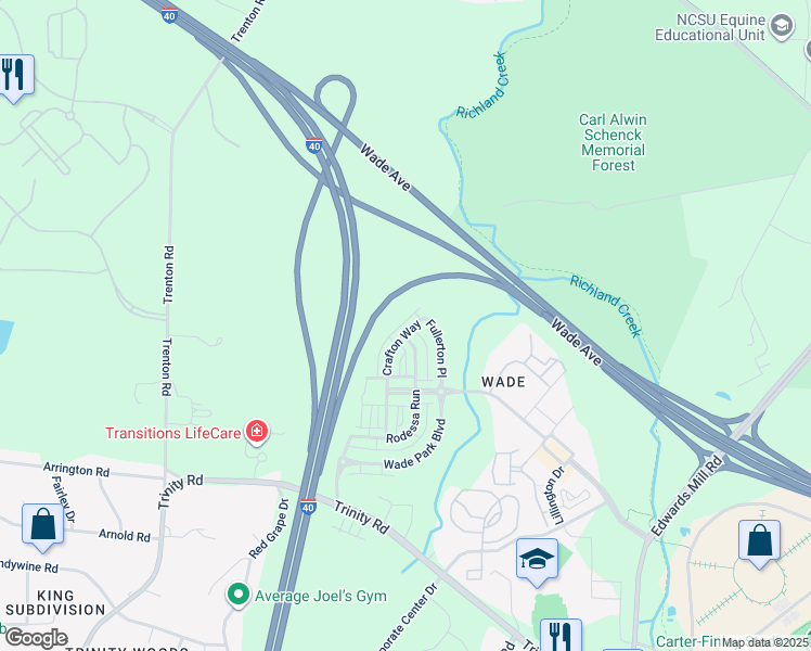 map of restaurants, bars, coffee shops, grocery stores, and more near 1623 Crafton Way in Raleigh